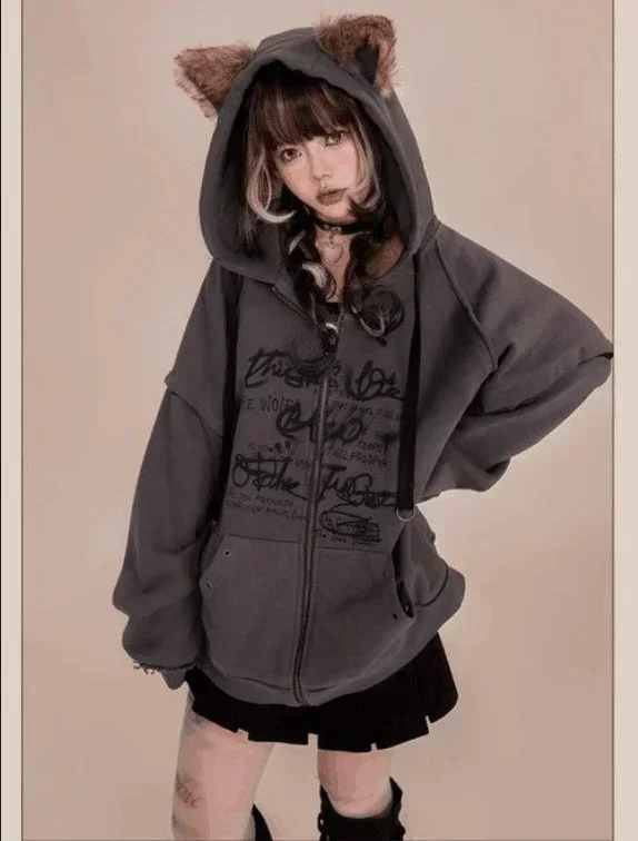 Punk Gothic Girls Cat Ears Hooded Plush Sweater Women Autumn Winter Graffiti Printed Loose Fleece Coat Hoodie Sweatshirt Jacket