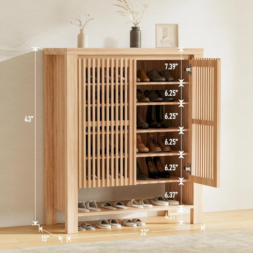 Tall Shoe Cabinet with Doors 8 Tier Entryway Adjustable Shelves Modern Freestanding Shoe Rack Organizer Hallway Front Door