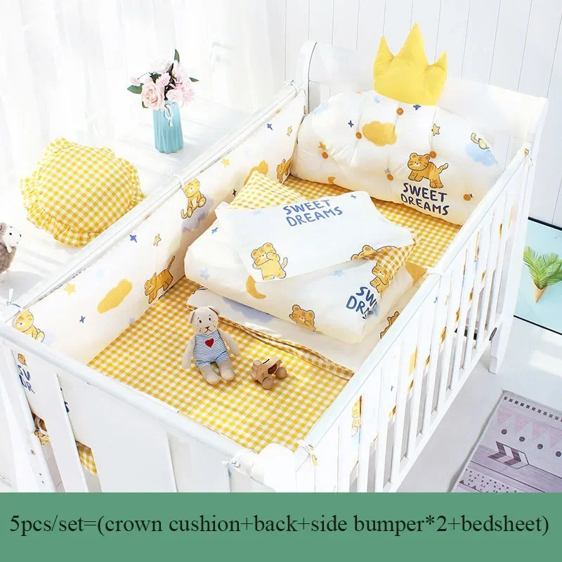 5pcs Baby Crib Bumper Bed Linen Kit Cotton Baby Bedding Set Include Crown Cushion+3pcs Cot Protect bumpers+Bed Sheet ZT116