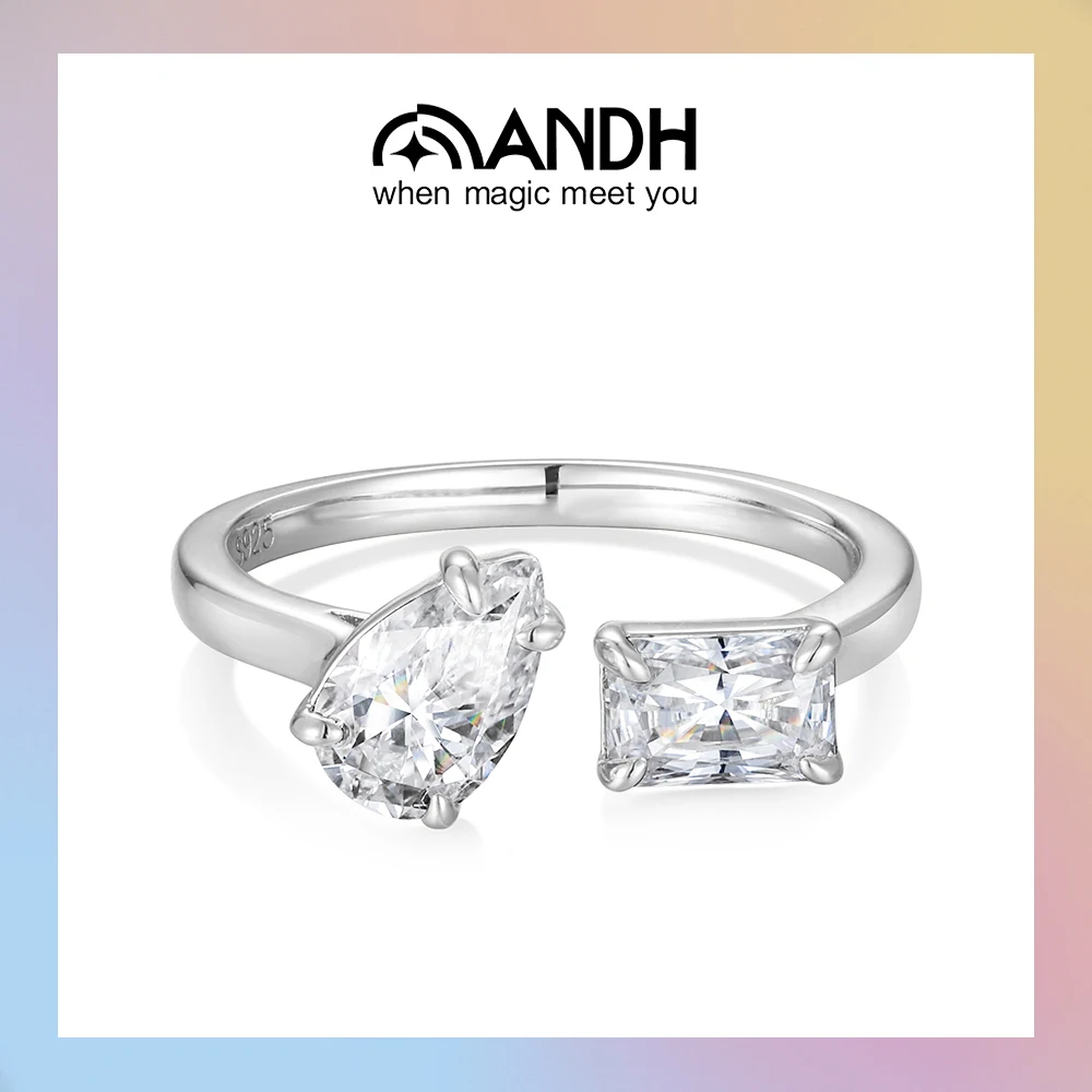 

ANDH Teardrop & Radiant Cut Moissanite Open Rings for Women D Color VVS1 Lab Diamond Ring Wedding Bridal Party Elegant Jewelry