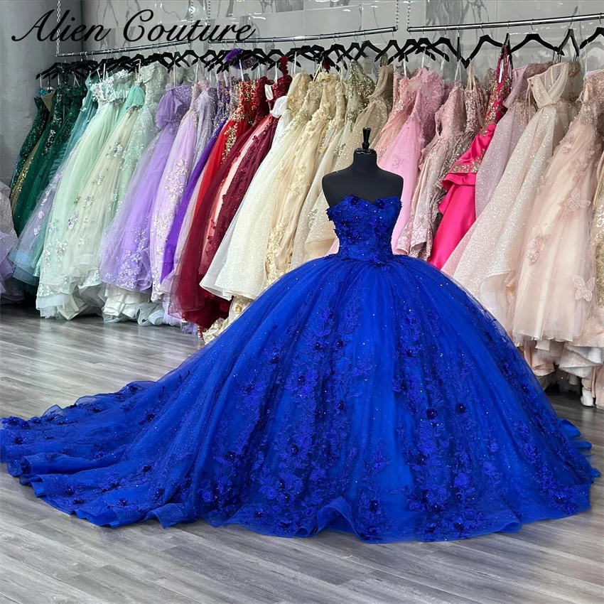 Prachtige Koningsblauwe Qinceanera Jurk Bloemen Appliques Kralen Prinses Vestidos Baljurk Sweet 16 Vestidos De 15 Años