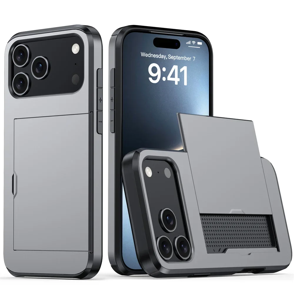 Robuste Handyhülle für iPhone 18 17 16 Plus 15 Pro 15 14 13 12 11 Pro Max mit Brieftaschen-Kartenhalter und Schiebeverschluss aus hartem PC-Schutzmaterial – Detail 10