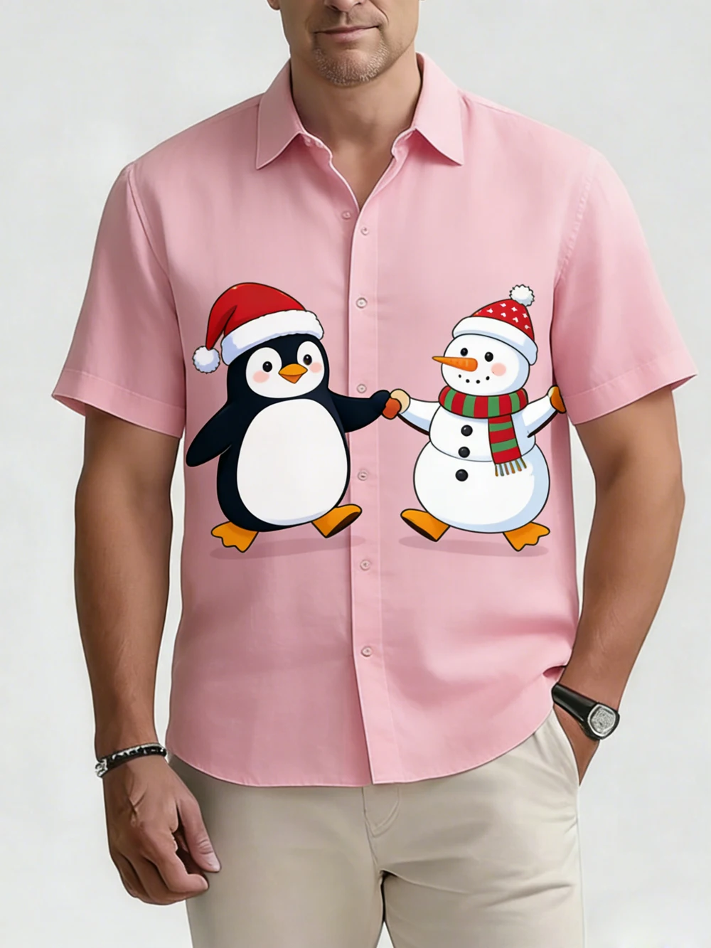 Men's short-sleeved linen Christmas theme tropical 3D printed white shirt Hawaiian beach casual vacation outdoor party clothes