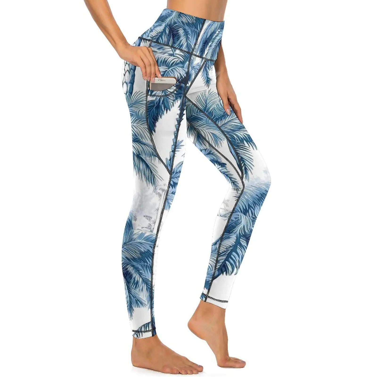 Leggings botArabes tropicaux bleus hawaïens, pantalons de yoga sexy, pantalons de fitness, pantalons de course extensibles, leggings de sport push-up, poches douces