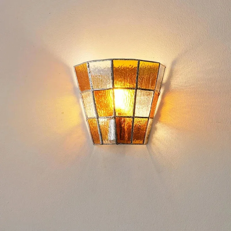 Vintage Grid Stained Glass Wall Sconce Mixed Color Textured Glass Wall Lamp Indoor Decorative Wall Light For Corridor Bedroom