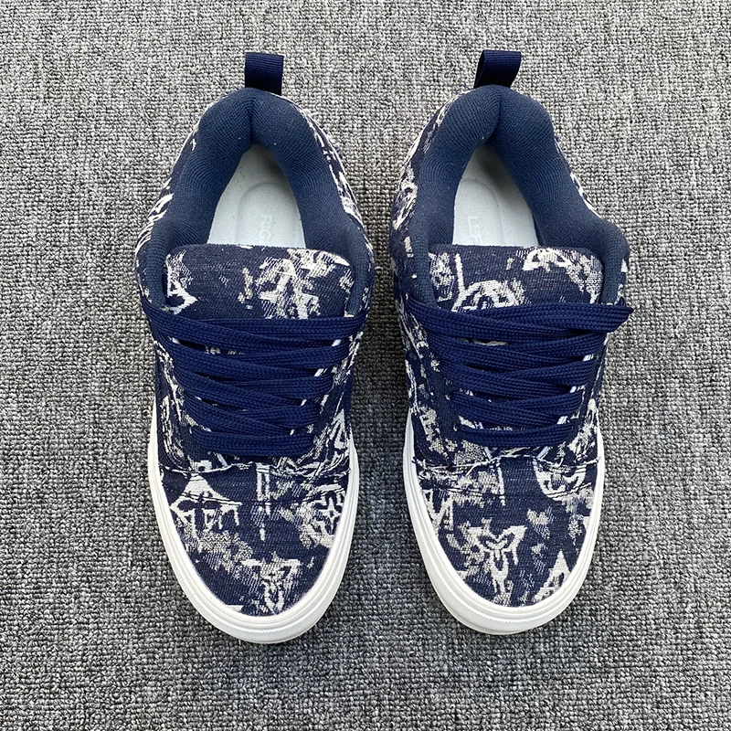 Winter Navy Blue Printed Thick-Tongue Loafers, Thick-Soled Large-Size Men's Shoes, Fashionable Retro Casual Shoes, Breathable Versatile Sneakers
