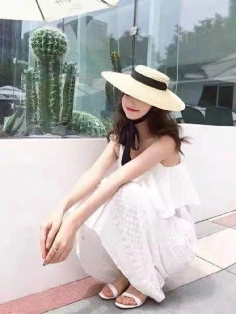 01811-HH7208 chic dropshipping summer natural handmade straw leisure beach LONG ribbon lady fedoras STRAW cap women PAPER hat