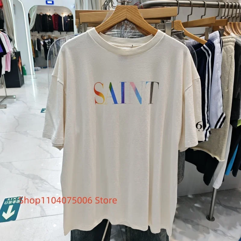 Men's Rainbow Saint Print Oversized T-shirt Vintage Gradient High Street Tee