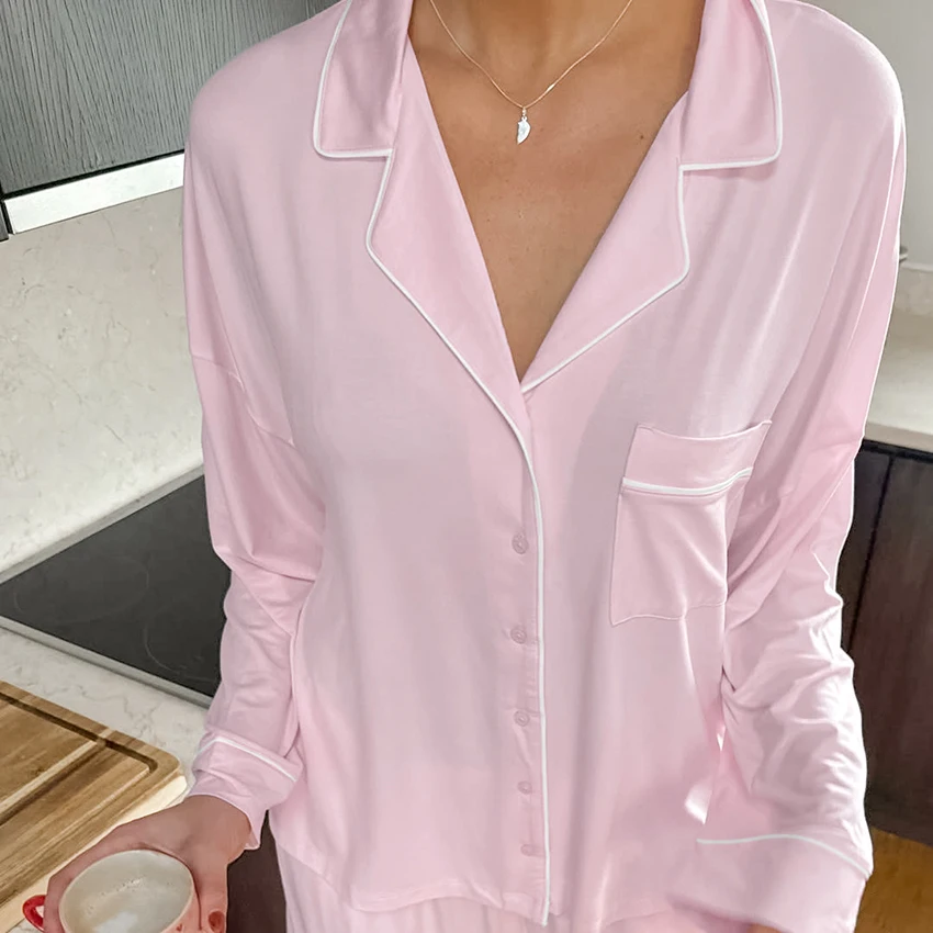 HiLoc Pink Casual Knit 3-Piece Long-Sleeved Lapel Single-Breasted Top Sleeveless Suspender Vest Elastic Waist Full Length Pants