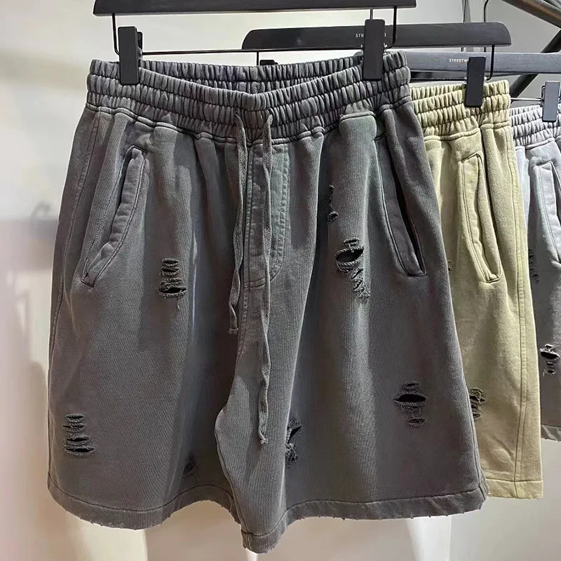 

Hiphop Vintage Cargo Shorts Men American Streetwear Distressed Denim Casual Beach Five-Point Pants Retro Washable Hip Hop Jogger