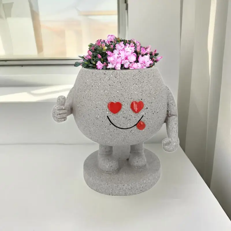 Happy Face Planter Resin Thumb-up Cheerful Kids Face Planter Pots Lovely Decorative Flower Planter With Drainage Hole For String