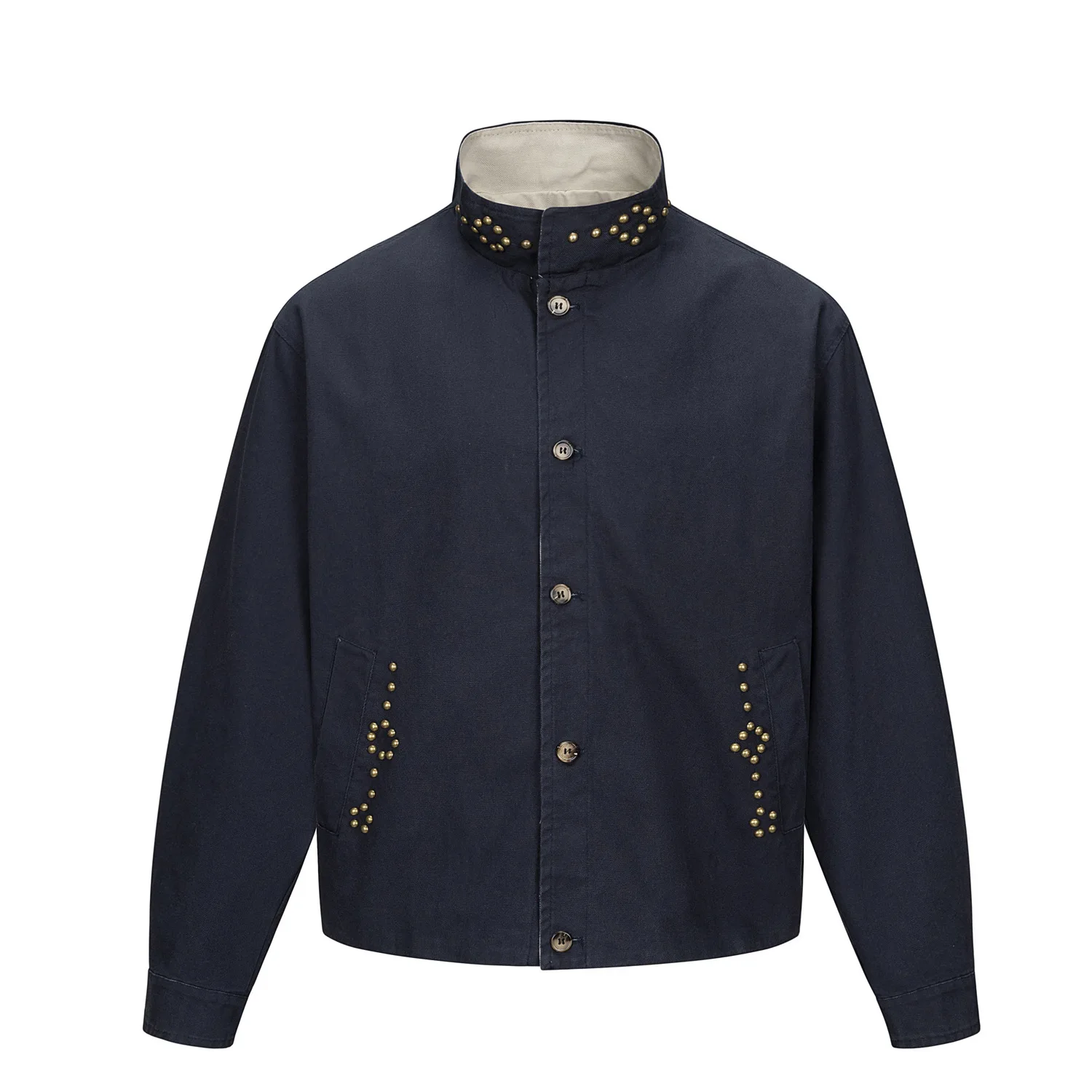 American Retro Enzyme-Washed Rivet Short Wide Canvas Work Jacket Unisex Loose-Fit Detroit Stand Collar Biker Jacket Trendy Men's