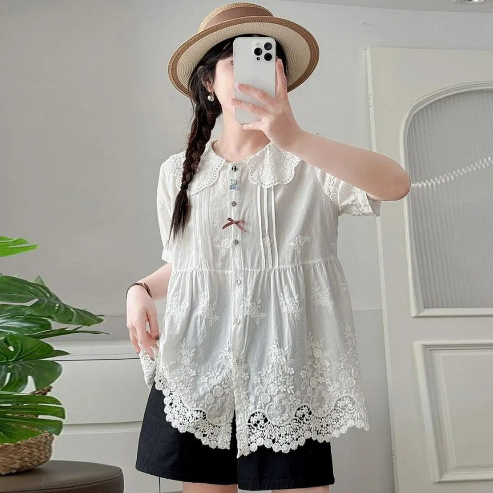 

Japanese Sweet Mori Girl Solid Color Embroidery Cotton Shirts Women Summer Peter Pan Collar Short Sleeve Casual Loose Blouse Top
