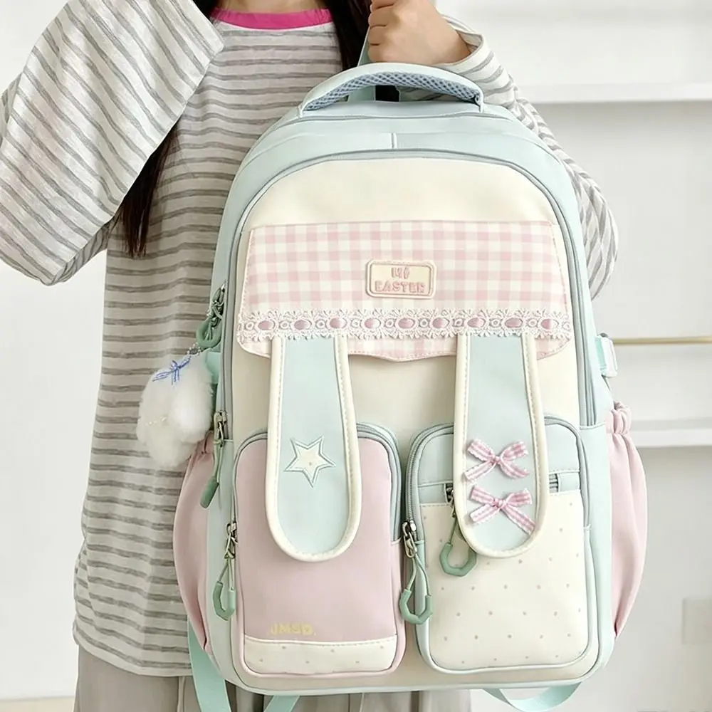 New Lace Detail Bunny Ear Backpack Large Capacity Lightweight School Bag Sweet Style Bunny Ear Student Backpack Travel Use