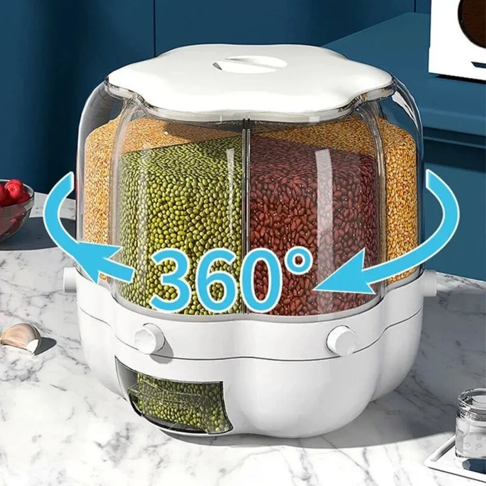 360° Rotating Grains Storage Boxes Kitchen Separated Sealed Cereal Container Grain Dispenser Food Container Storage Bin