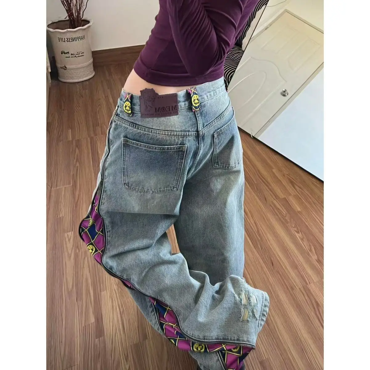 

Y2K Vintage Washed Baggy Jeans Women Side Zipper Patchwork Contrast Color Smiley Decor Wide Leg Pants High Waist Streetwear