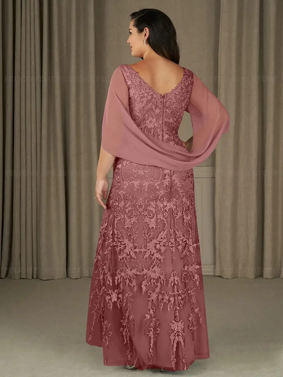 Plus Size Mother of the Bride Dresses 2023 Sheath V-neck Lace Chiffon Floor-Length Formal Wedding Guest Dress فستان حفلات الزفاف