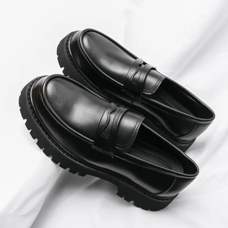 luxury pu black matt leather shoes men\'s business overalls shoes wedding fashion designer loafers men\'s thick sole casual shoes