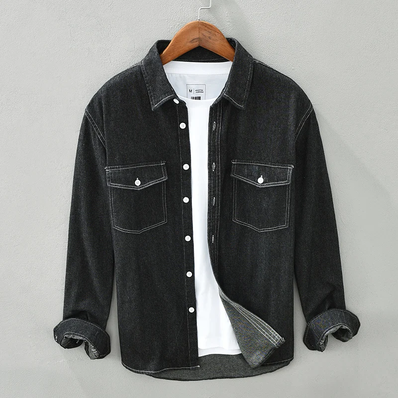 2023 Autumn New Black Vintage Denim Shirts for Men 100% Cotton Casual Comfortable Long Sleeve Tops Plus Size Quality Clothes