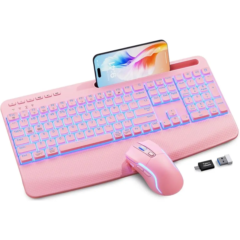 Wireless Ergonomic Backlit Keyboard and Mouse Set with 4000mAh Battery, USB, Wrist Rest & Paper Holder, Quiet Typing, Compatible