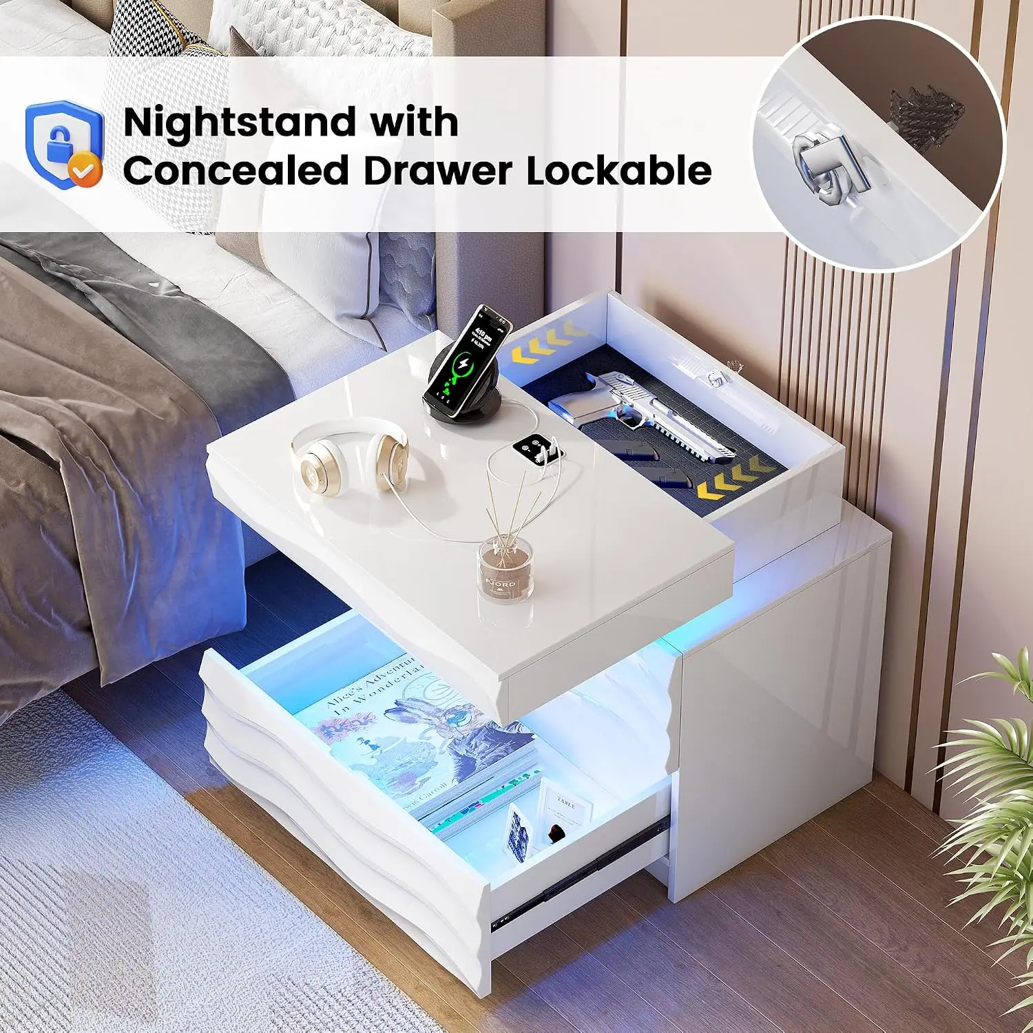 LED Nightstand with Hidden Gun Drawer and Sensor Light - White | Bedside Table - 23.6-Inch Width, 2 Drawers, Human Sensor, USB a