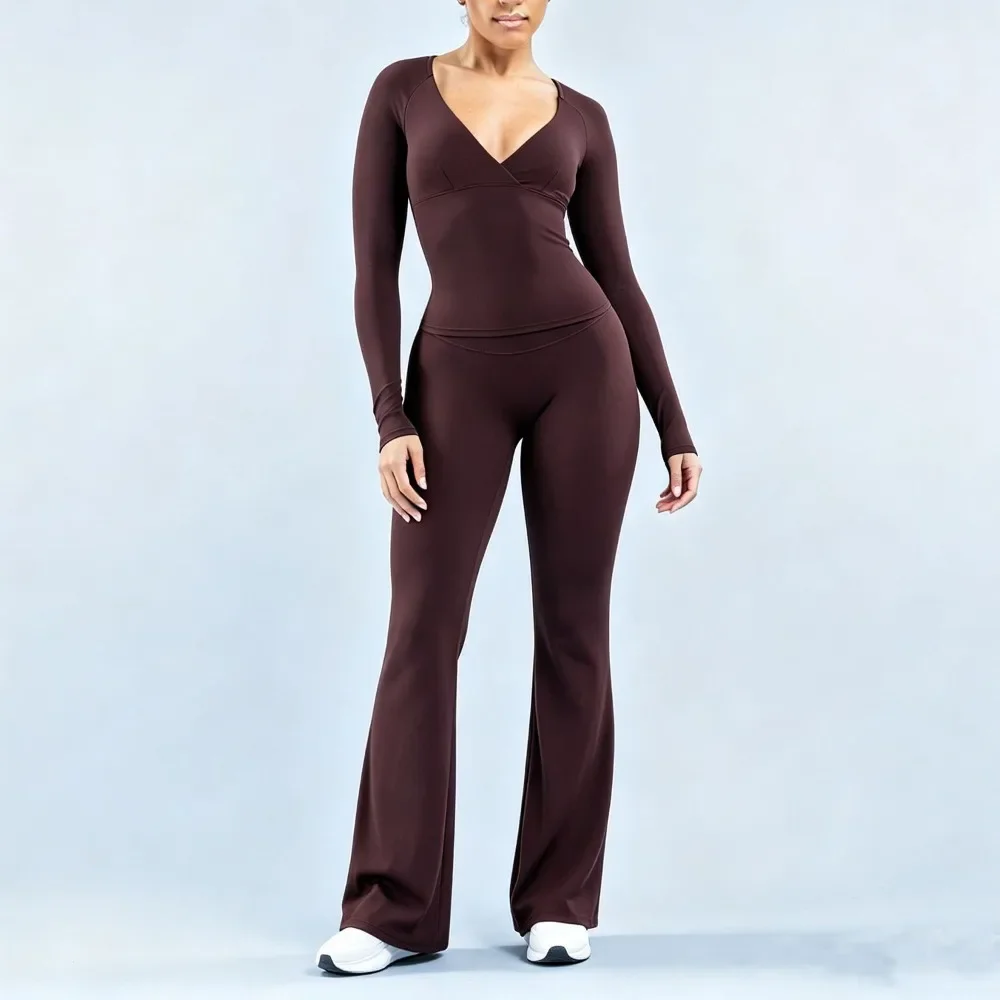 NCLAGEN Dyfe Gym Women Sets 2 Pcs Long Sleeve Deep-V T-shirt & Flare Leggings Naked Feel Trousers Fitness Suit Yoga Activewear