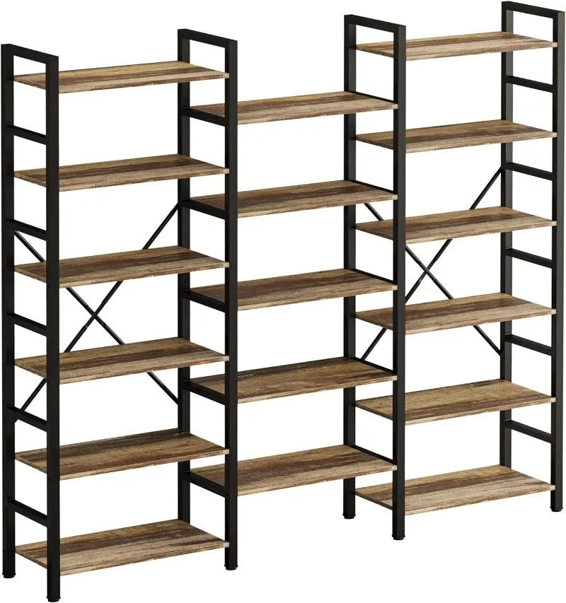 IRONCK Bookshelves 6 Tiers Triple Wide Industrial Bookshelf, Large Etagere Bookshelf Open Display Shelves with Metal Frame