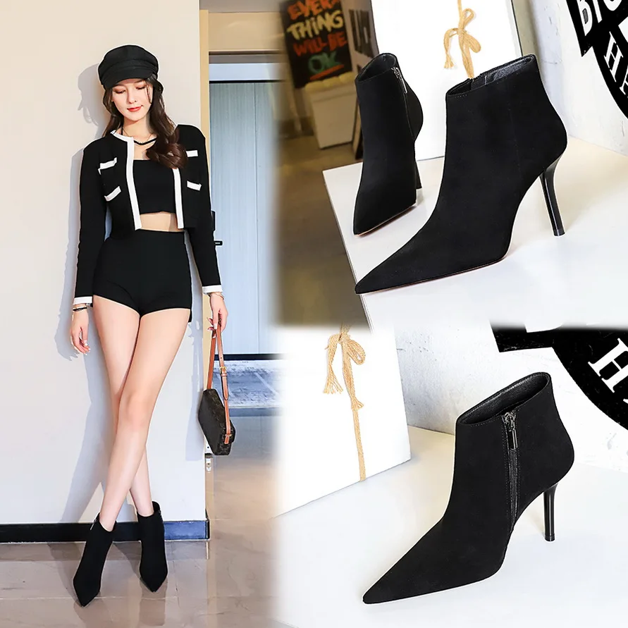 BIGTREE Shoes Suede Ankle Boots For Women Heels Winter Boots Pointed Stilettos High-heeled Boots Side Zipper Black Short Boots