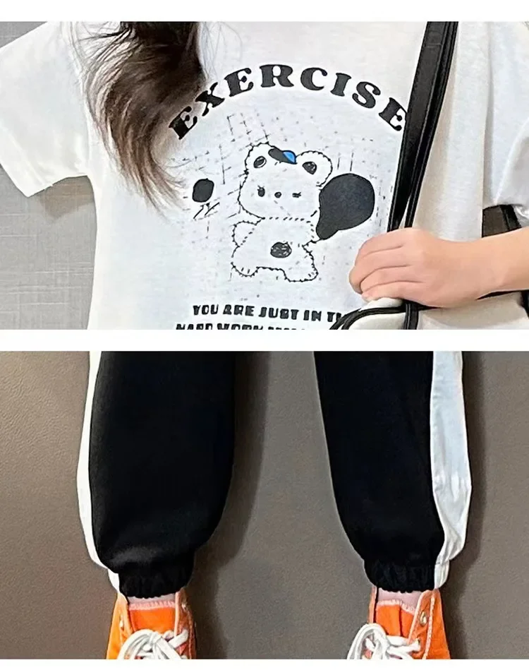 2024 summer Kids Girls Tracksuit Letter bear Teenager t-shirt + striped Ankle-tied pants Clothes children Set  4 6 8 10 12 Years