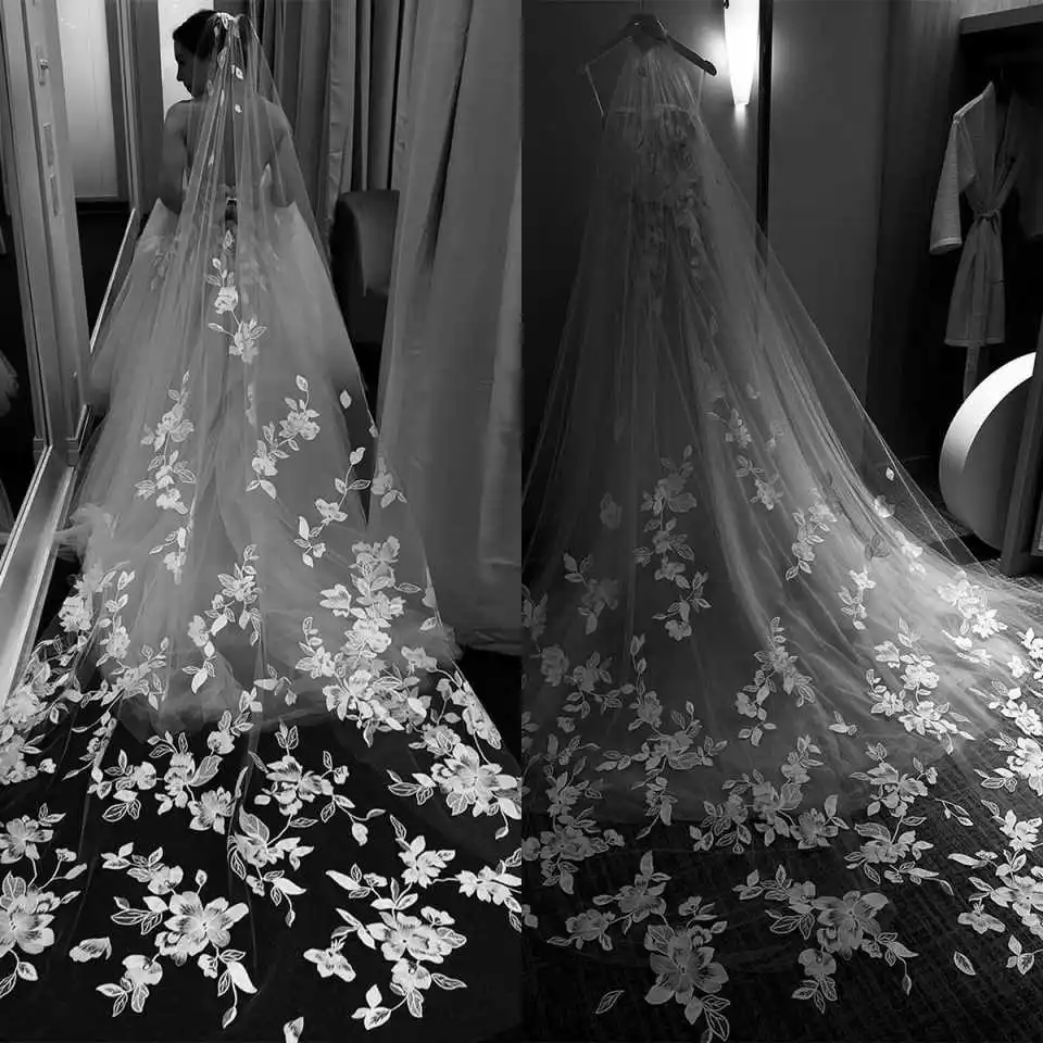 

Simple Wedding Veil One Layer Long Appliques Flowers Princess Chapel Length Veils Applique Edge Custom Made Bridal Accessories