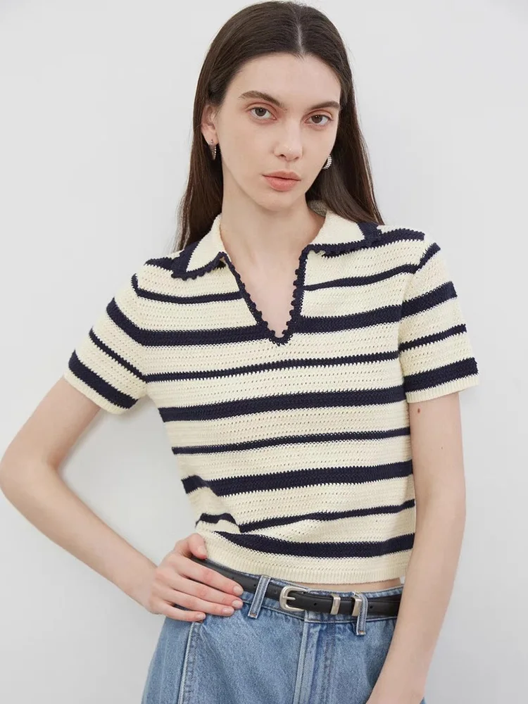

2025 High Luxury Intellectual Style! Handmade Crochet Tencel Linen Stripe Polo Knit Short Sleeve T-Shirt, Elegant & Chic