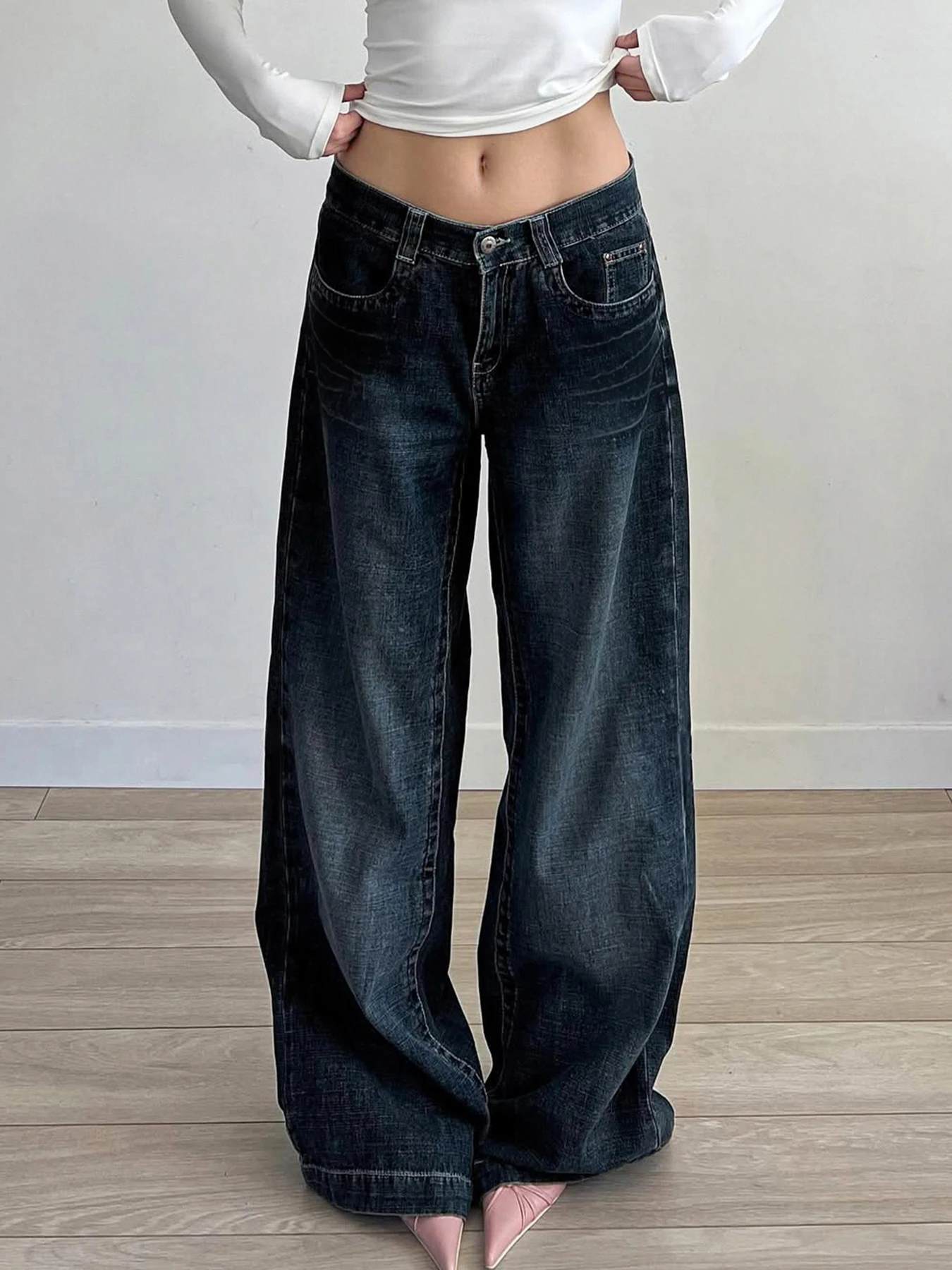 Weekeep Dark Blue Straight Jeans Women Casual Low Rise Loose Denim Pants Streetwear Y2k All-match Denim Trousers Korean Fashion