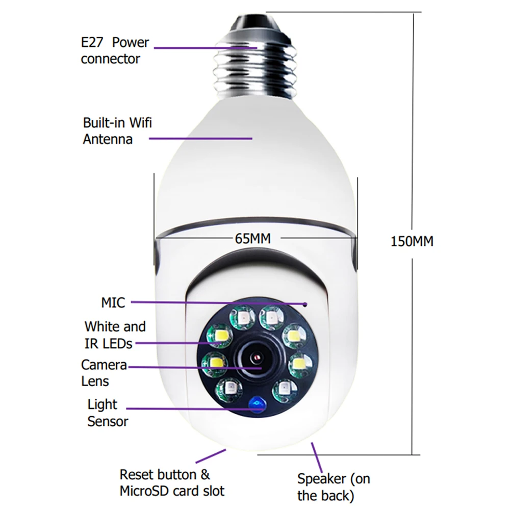 Imagem -06 - Câmera ip de Vigilância Wifi Rastreamento Corporal Automático a Cores Visão Noturna hd Monitor de Bebê E27 Lâmpada 4x Digital