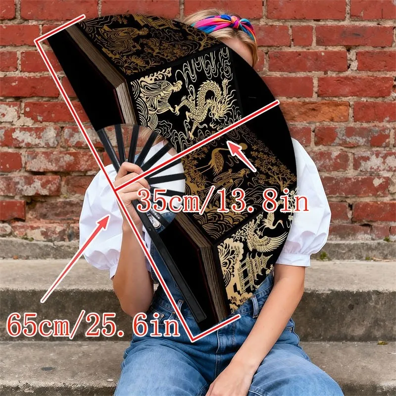 Men'S Handheld Fan, 1pc, Polyester Material, Chinese-Style Golden Pattern Design (Pagoda, Dragon, Crane Motifs), Elegant Artistic Appearance, Suitable for Daily Use And Outdoor Activities, Ideal for Men'S Fashion Additions, Without Battery