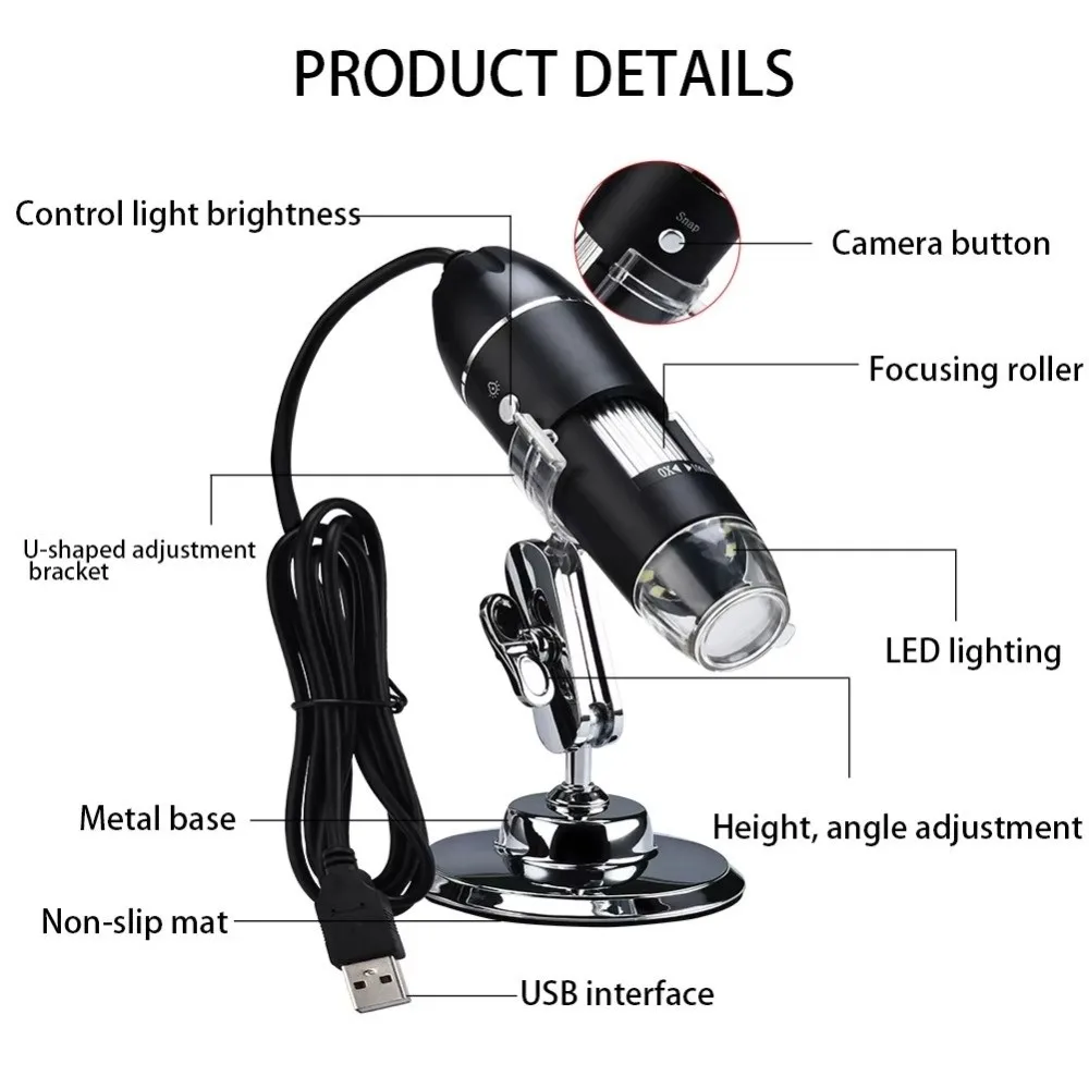 1600X Magnification Digital Microscope Camera 8 LED Lights Type-C Interface USB Digital Microscope 3in1 HD Electronic Microscope