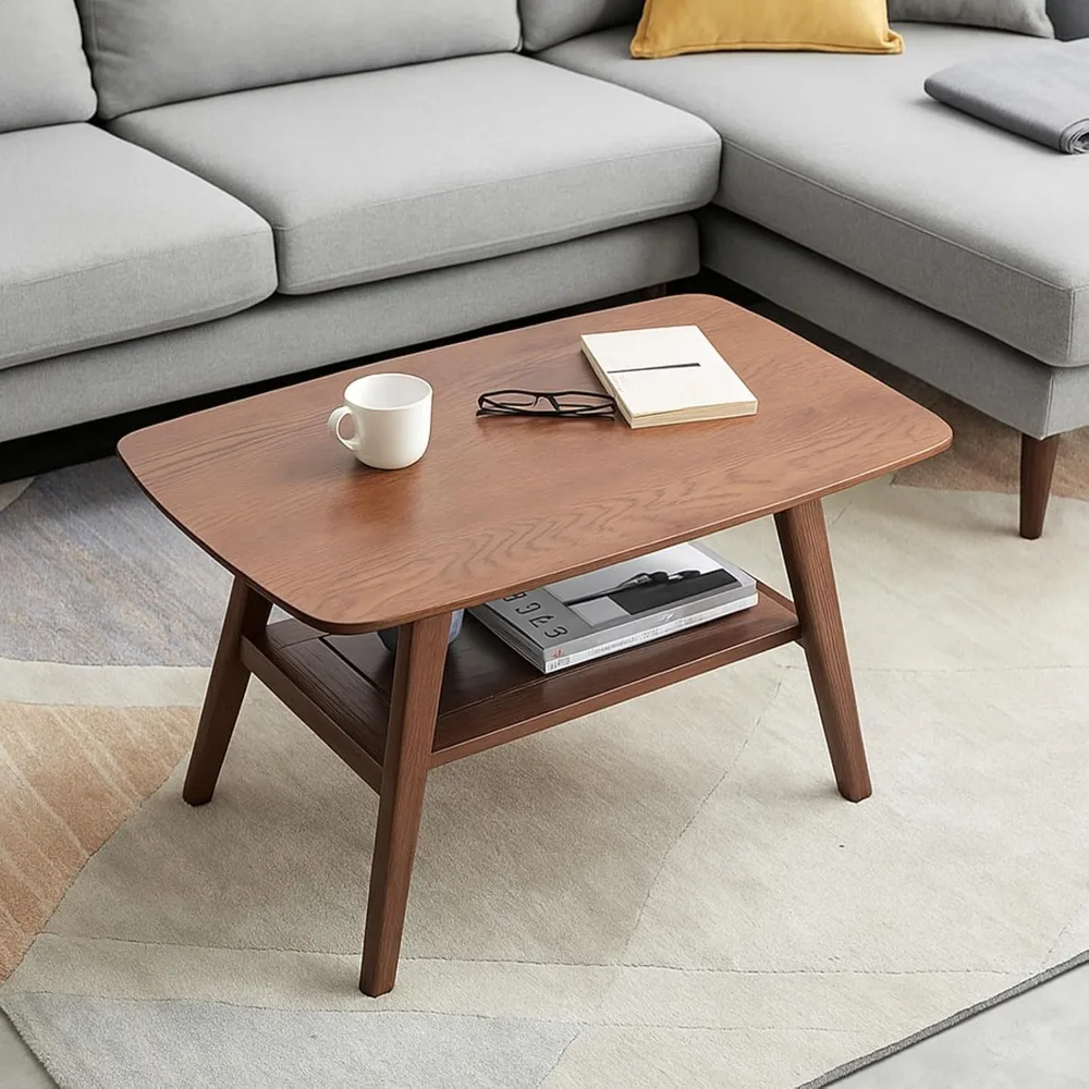Mesa de centro de nogal de 31,5 pulgadas, mesa de té, mesas de centro pequeñas para espacios pequeños, mesa de centro de madera maciza de mediados de siglo con almacenamiento Sh