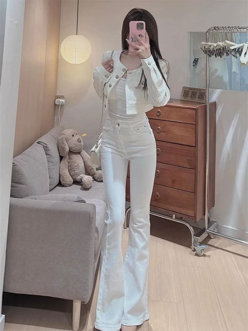 2026 White Elastic Micro-pull Jeans Women's New Korean Niche Versatile Design Sense Versatile Horseshoe Mopping and Trousers