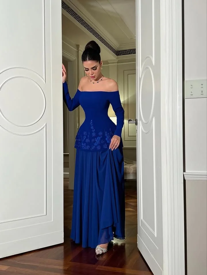 

Dubai Elegant Luxurious Party Dresses Blue Chiffon Prom Gown Off-The-Shoulder vestidos elegantes mujer para fiesta de noche 2025