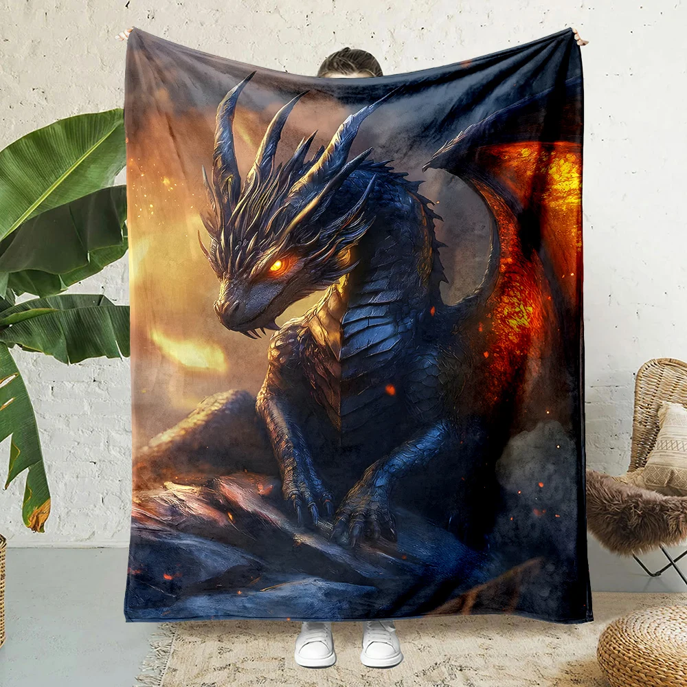 Fiery dragon perched on rocks Print Blanket Warm Soft Fluffy Kids and Adult Sofa Bed Throw Blanket Outdoor Travel Camping RV