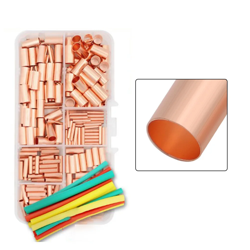 

250 copper tube connectors set with 7 sizes plus heat shrink tubing for wire connection and electrical installations