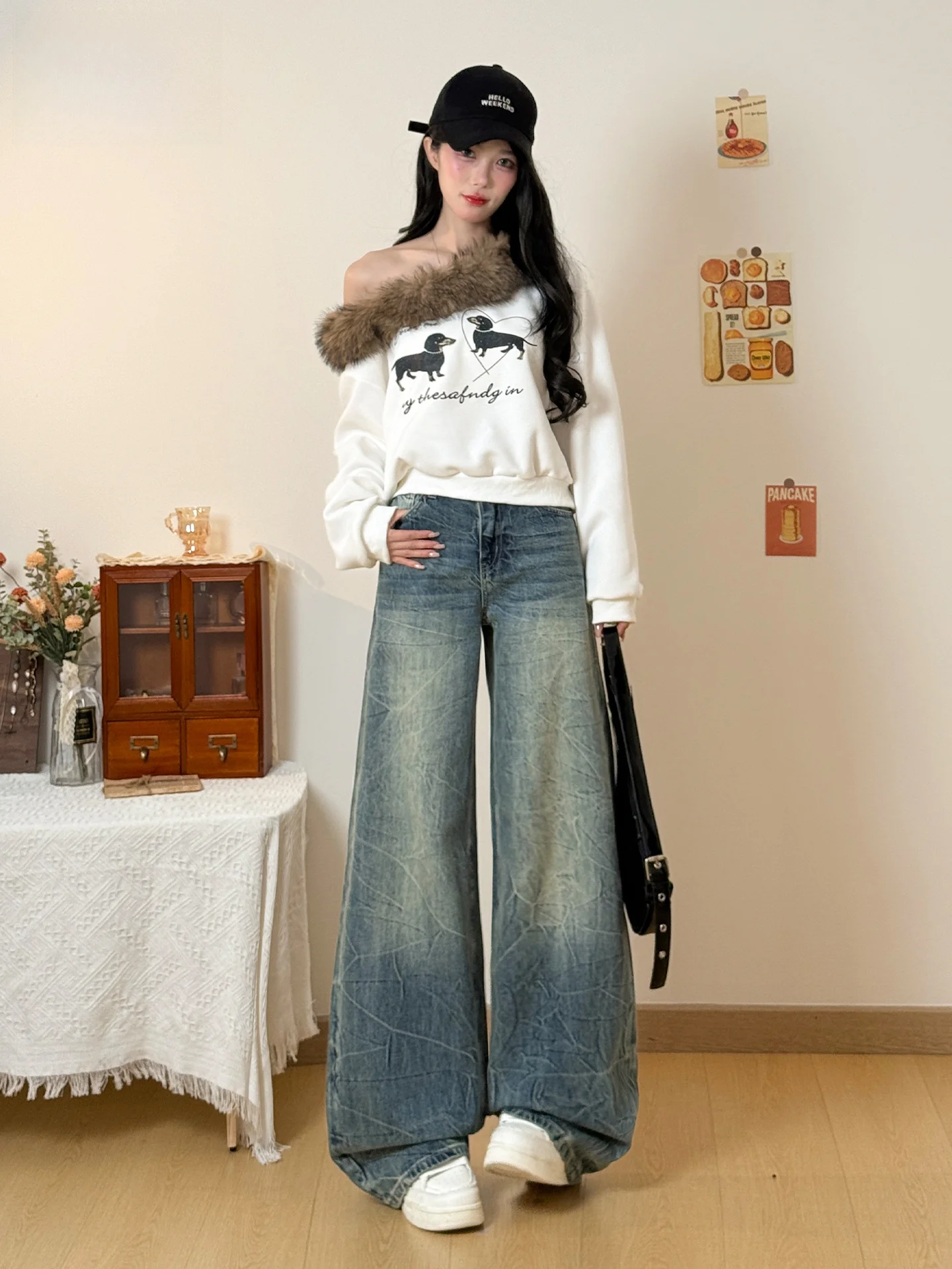 

Джинсы с высокой талией в американском стиле, широкие, свободного кроя, женские, летние, с эффектом похудения, прямые, в пол, для повседневной носки