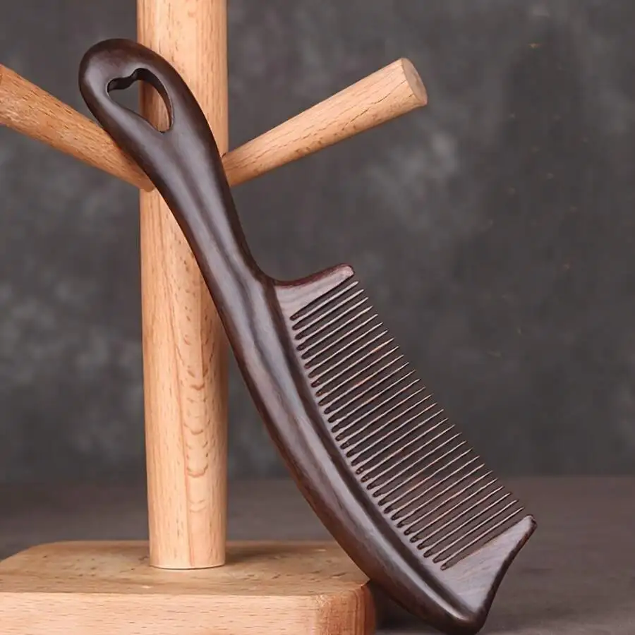 Natural Ebony Wood Comb For Adults, Anti-Static Scalp Massage Comb With Heart Handle, Hangable Design