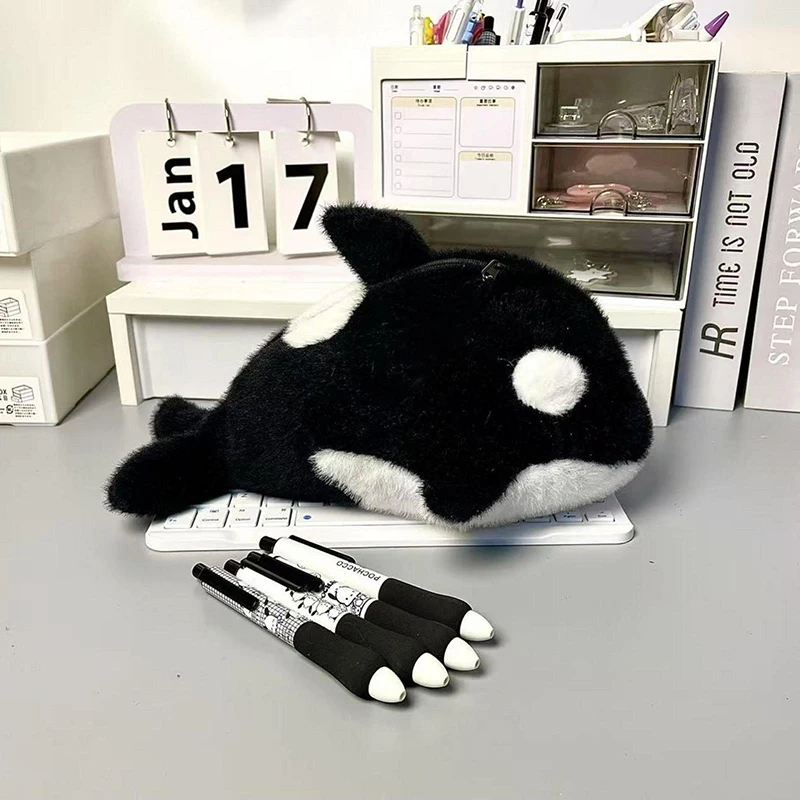 ●Cartoon Plush Killer Whale Pen Bag Large Capacity Stationery Bag Student Gift For School Office Funny Pencil Case view 5