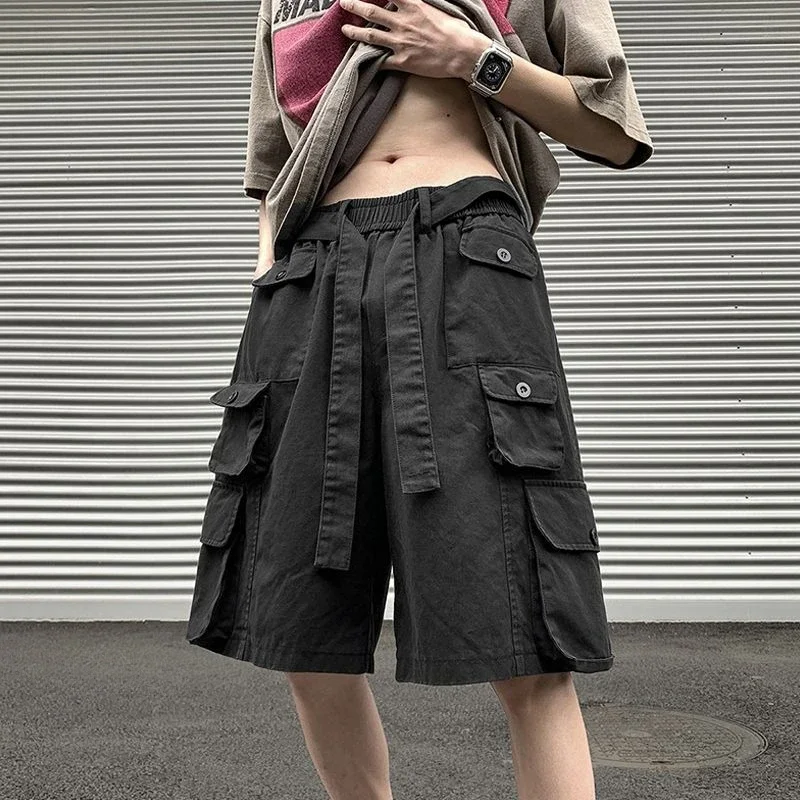

Мужские короткие брюки оверсайз с завязками, свободные длинные мешковатые бермуды большого размера с несколькими карманами, широкие однотонные мужские шорты-карго, полу