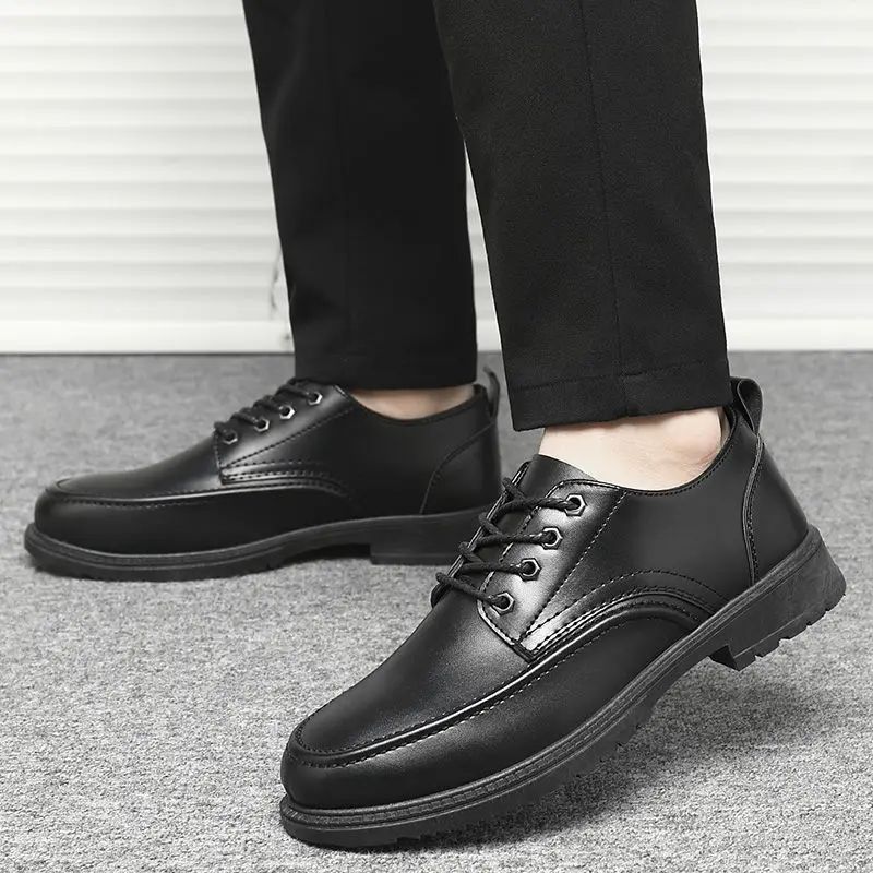 

Black Round Toe Thick Sole Men's Leather Shoes Fashion 2025 Social Classic Original Adults Luxury Male Casual Shoe in Promotion
