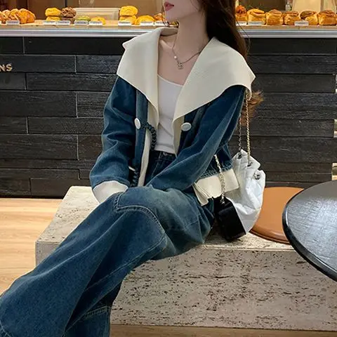 Spring 2025 New Fashion, High-end Temperament Denim Jacket Top Wide-leg Pants Two-piece Set