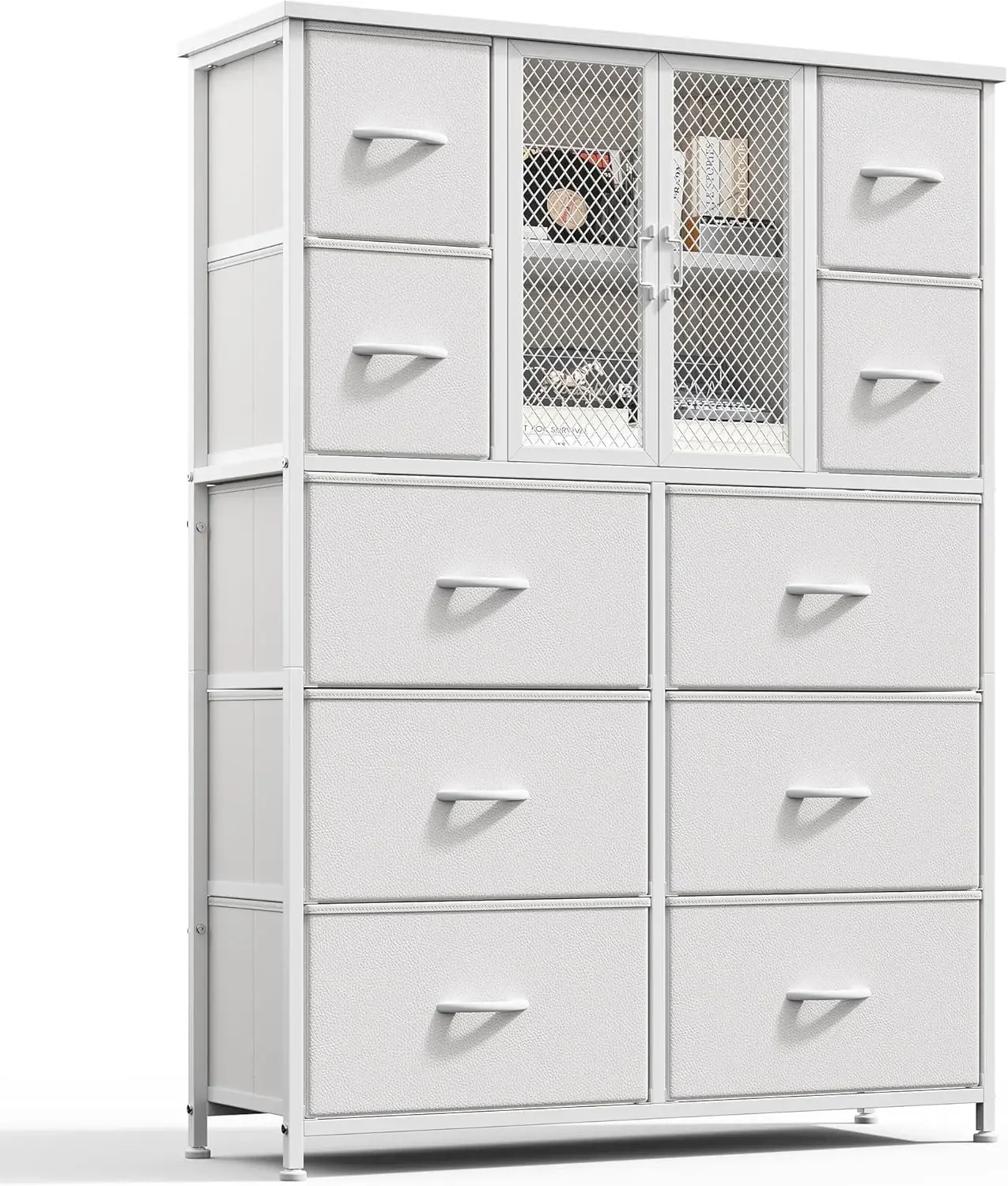 

White Dresser for Bedroom with Mesh Door Tall Dressers & Chests of Drawers with 10 Fabric Drawers Bedroom Dresser Organizer