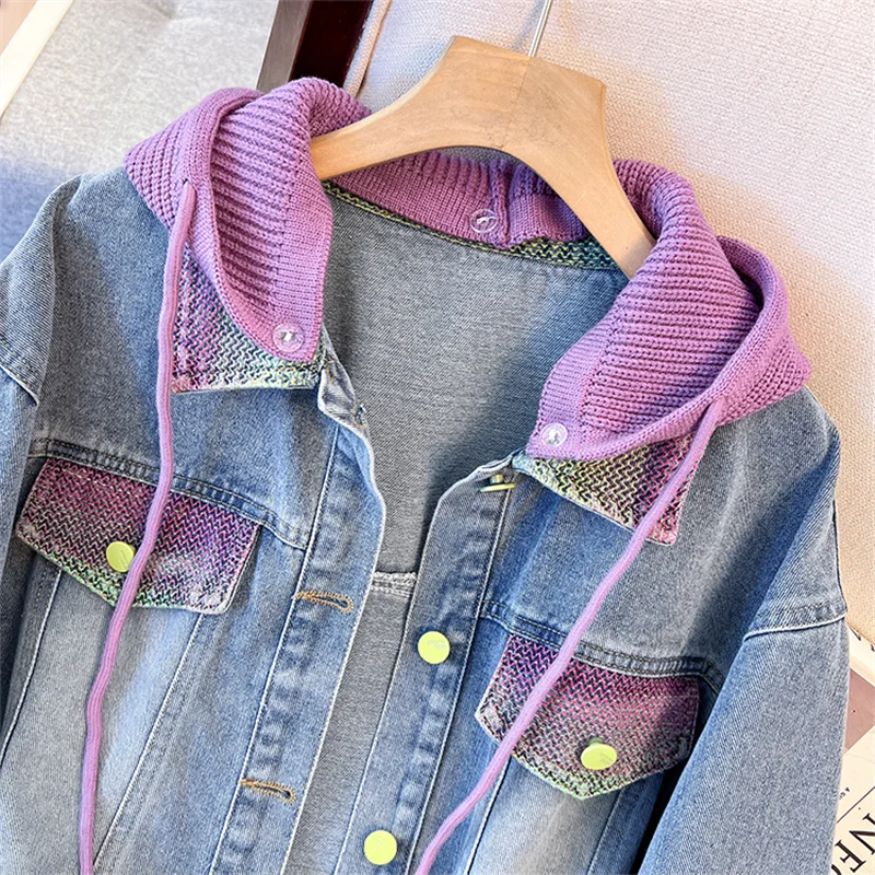Mode Tie-Dye Abnehmbare Gestrickte Mit Kapuze Denim Jacke Frauen Kurze Cowboy Oberbekleidung Frühling Herbst Casual Langarm Jeans Jacke