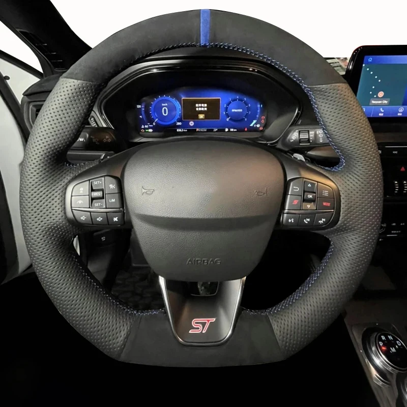 

For Ford Focus 4 2019 2020 Fiesta 17-19 Tourneo 2018 2019 Hand-Stitched Black Genuine Leather Suede Car Steering Wheel Cover
