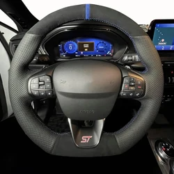 For Ford Focus 4 2019 2020 Fiesta 17-19 Tourneo 2018 2019 Hand-Stitched Black Genuine Leather Suede Car Steering Wheel Cover
